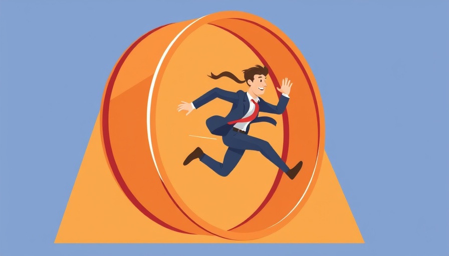 Cartoon businessman managing stress in the workplace by running in a hamster wheel.