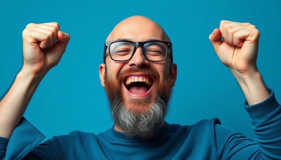Joyful bald man with glasses raising fists playfully, stereotype threat dancing.
