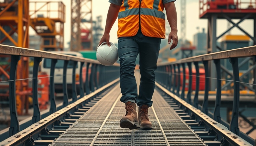 Construction worker in reflective vest walking on a bridge, holding helmet, highlighting mental health in construction.