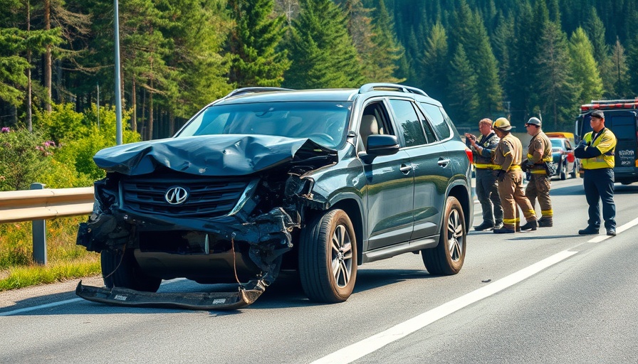 Daniel Suarez family highway crash: black SUV with severe front damage.
