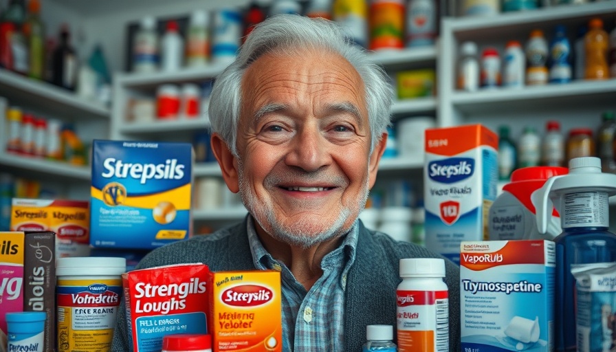 Elderly man with cough remedies, highlighting senior health.
