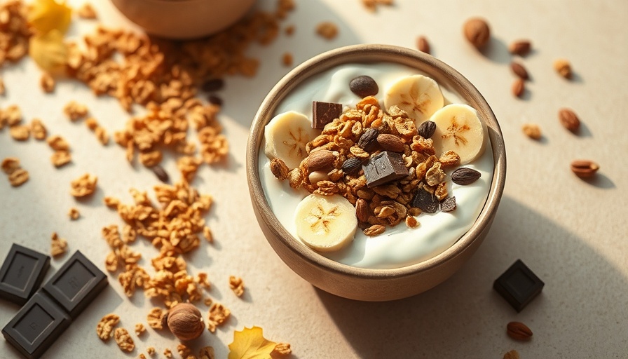 Cozy fall breakfast recipes: yogurt bowl with granola, bananas, and chocolate.