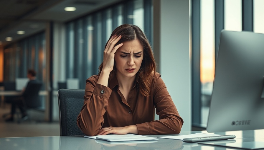 Woman showing symptoms of burnout in modern office, stressed expression.