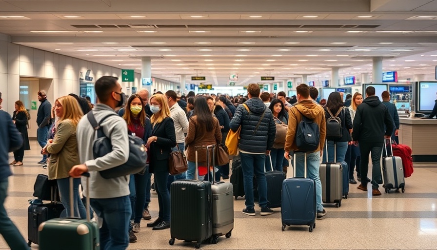Crowded airport check-in line with passengers waiting.