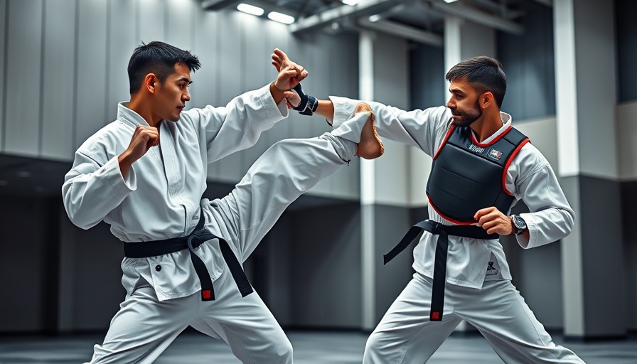 Martial artists sparring, showcasing athletic performance.
