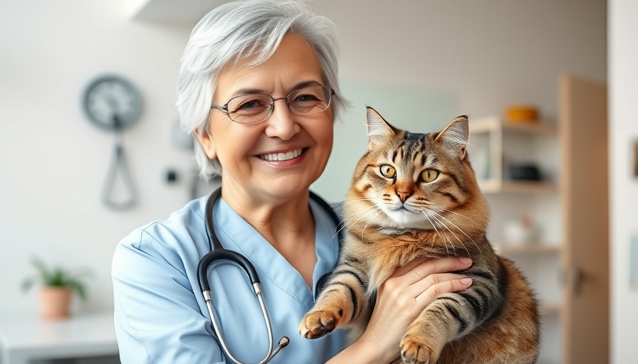 Veterinarian with tabby cat discussing pet obesity solutions in clinic.