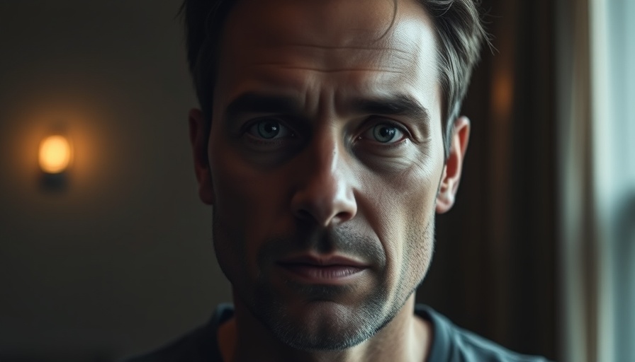 Man with neutral expression in dim light, close-up