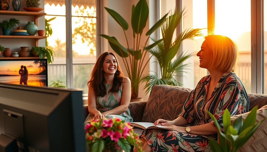 Positive conversation between women on a tropical set, sunset background.