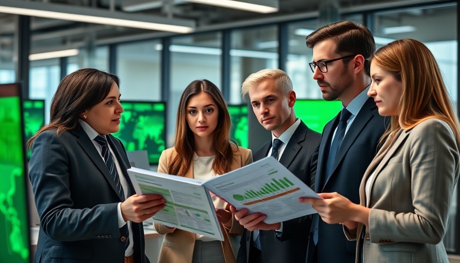 Professionals discuss sustainability initiatives with charts and graphs.