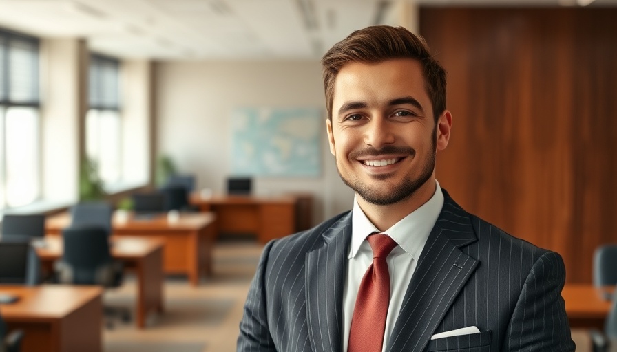 Professional in striped suit smiling confidently in an office setting.