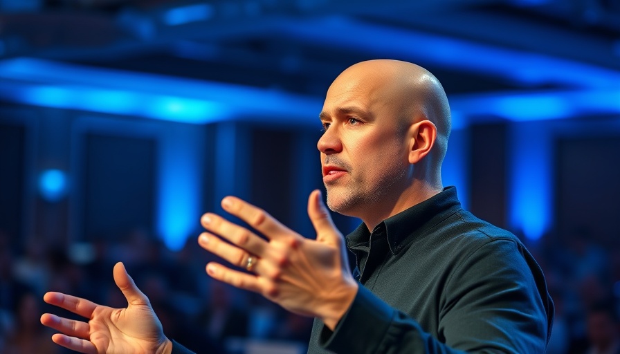 Man presenting at a conference about workplace stress management strategies.