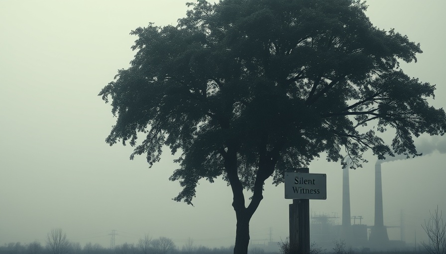 Somber tree amidst industrial pollution, symbolizing climate change impact.