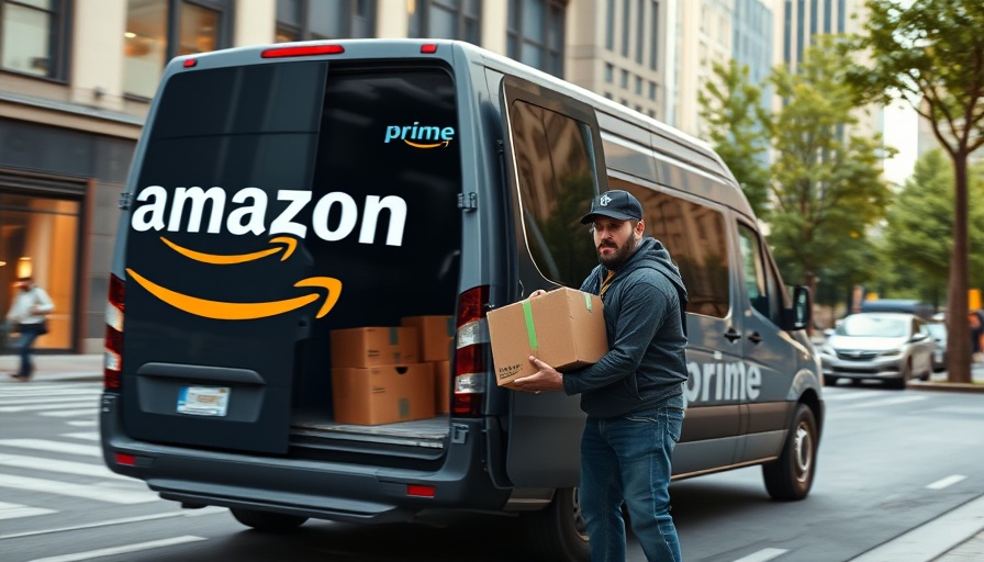 Amazon Prime van and delivery worker loading packages, urban background.