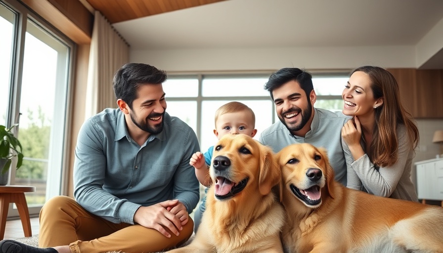Family enjoying time with toddler and dog in bright living room.