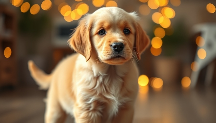 Golden retriever puppy staying calm and composed indoors.