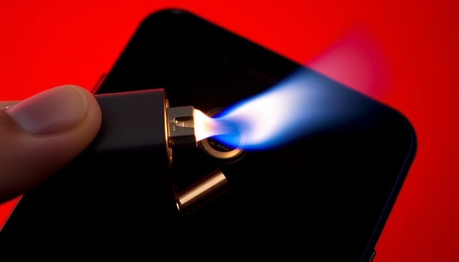 Smartphone and lighter used in a life hack against a red background.