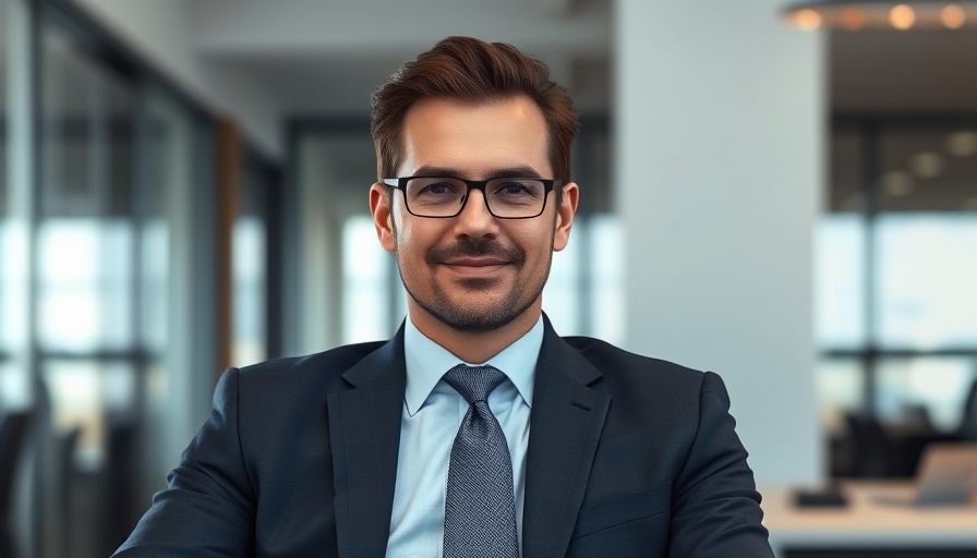 Professional man in suit, neutral expression, sitting confidently in office.