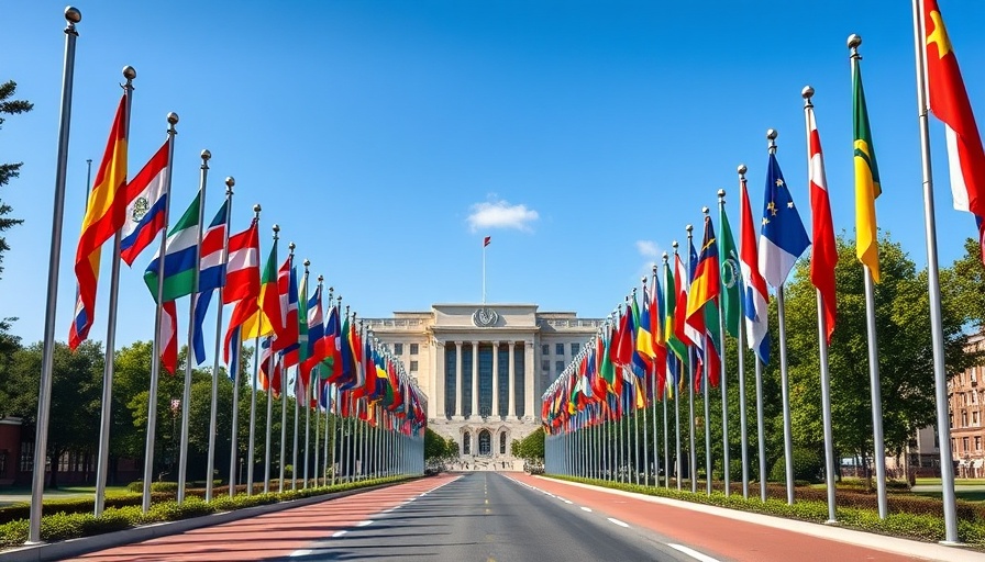 UN Rights Council accountability measures at United Nations building with flags.