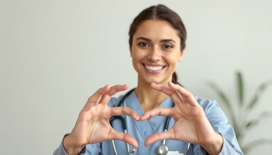 Healthcare professional gestures heart shape, preparing for a healthcare interview.