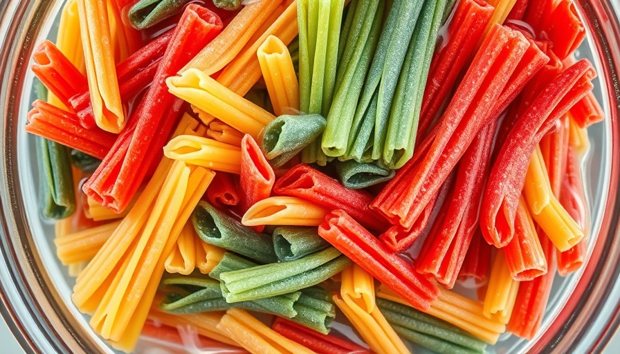Colorful pasta bundles in a glass container, showcasing textures and colors.