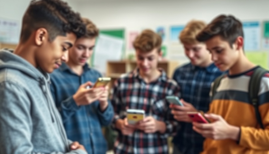 Blurred adolescent boys influenced by social media in classroom.