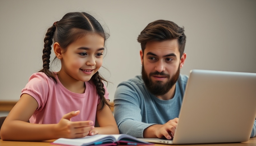 Young girl and adult using educational apps on laptop in classroom.