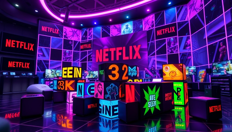 Netflix gaming cubes display on a vibrant digital grid background.