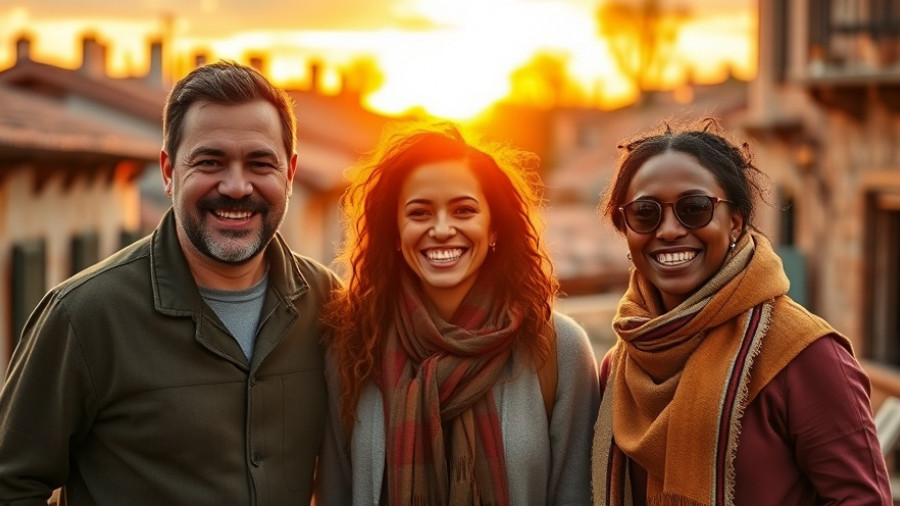 Optimistic group enjoying a sunset in a village setting, showcasing optimism and health.