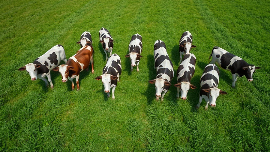 Aerial view of cows with virtual fencing on a green field.