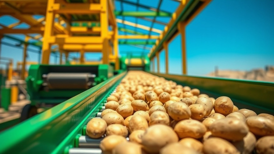 Conveyor belt in aardappelindustrie with potatoes under sunlight.