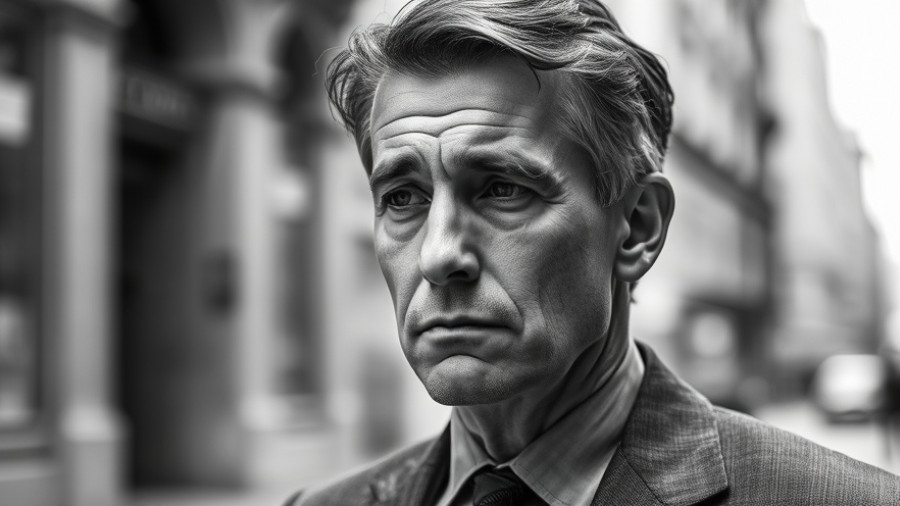 Contemplative man in classic suit thinking deeply, black and white portrait.