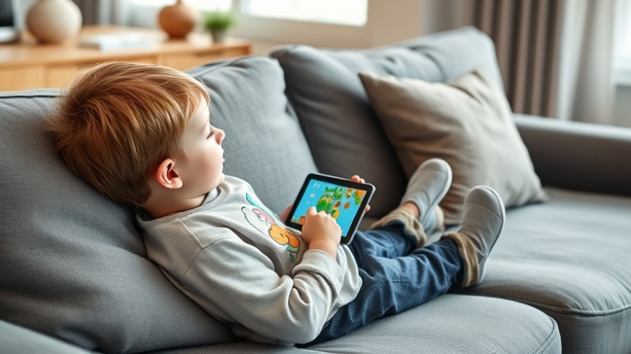 Screen time impact on children's mental health: child watching tablet on couch.