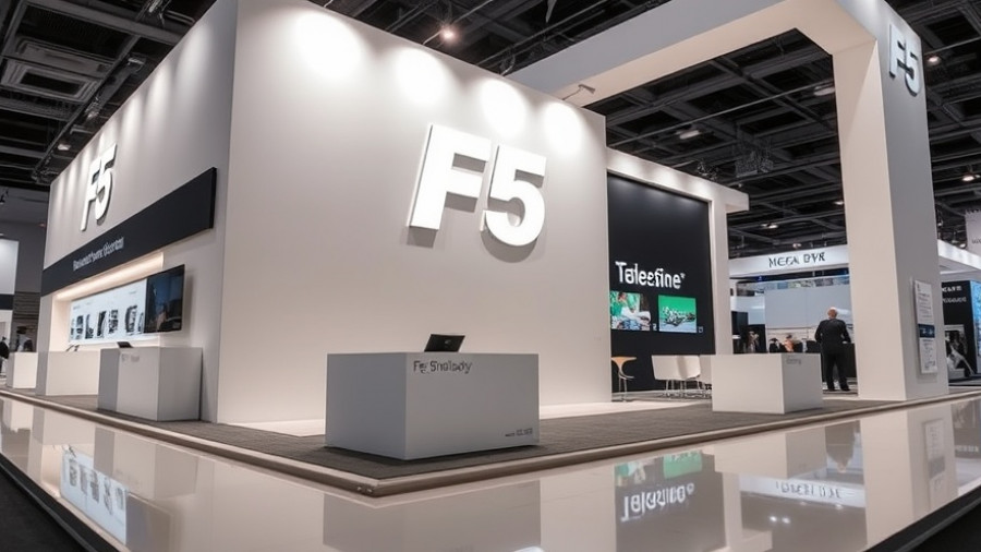 F5 logo on a sleek booth at a convention, F5 cyber breach themed