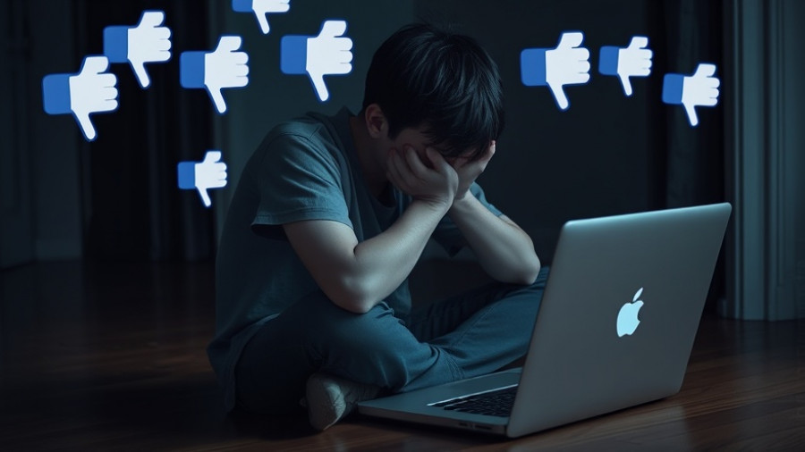 Cyberbullying impact on mental health: Distressed young person with thumbs-down icons.