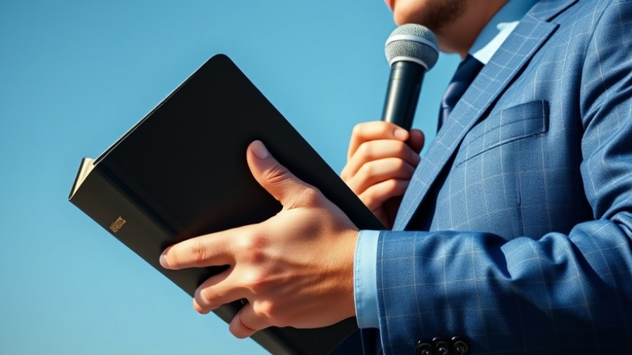 Person holding Bible and microphone, representing evangelical sermons.