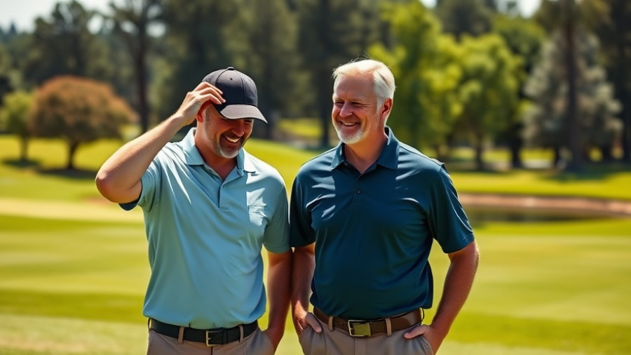 Men enjoy sunny day at Great Dunes Golf Course reopening.