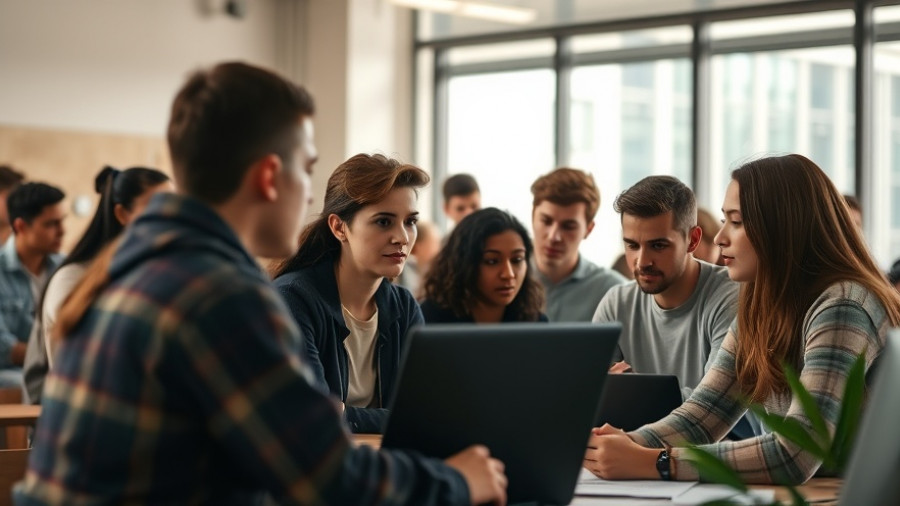 College students collaborating at a hackathon in a classroom.