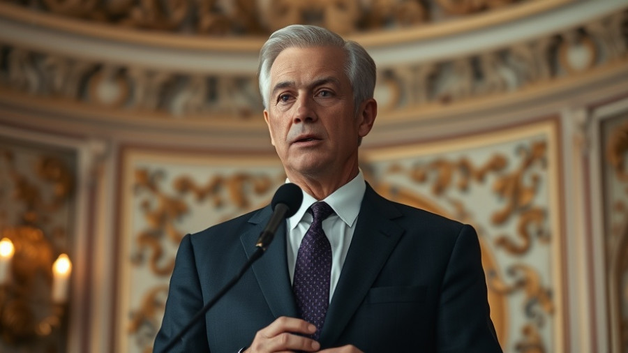 Middle-aged man discussing policies at an event with intricate backdrop.