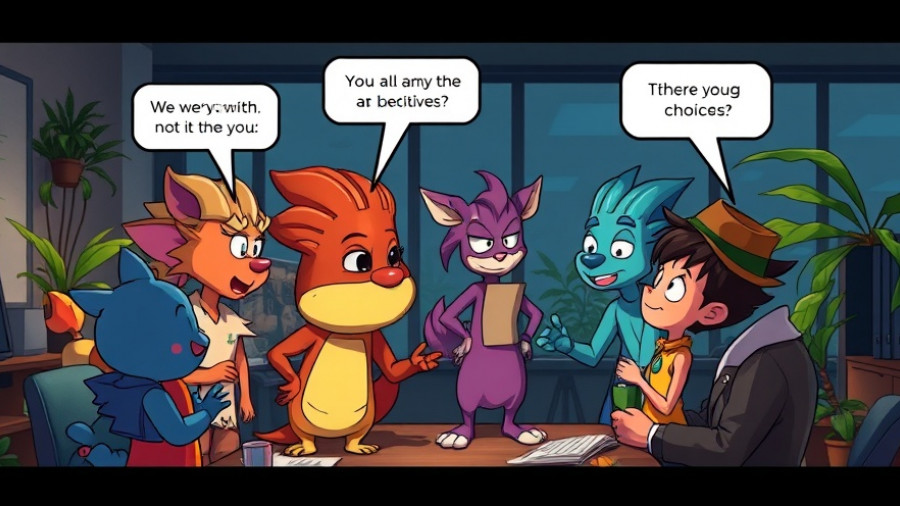 Anthropomorphic creatures in a video game scene discussing choices, interactive storytelling in video games.
