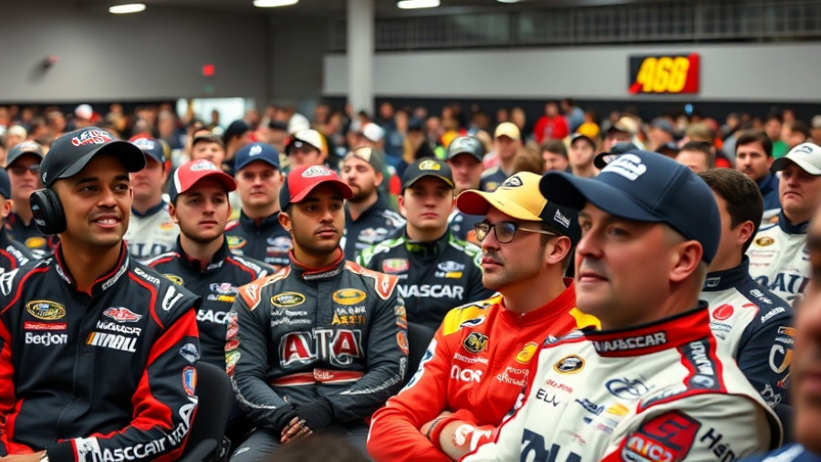 NASCAR drivers and fans at press conference, indoor event scene.