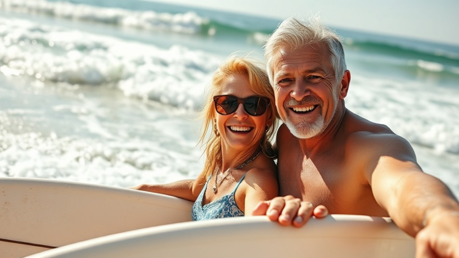 Elderly couple with positive attitude takes selfie with surfboards on beach.