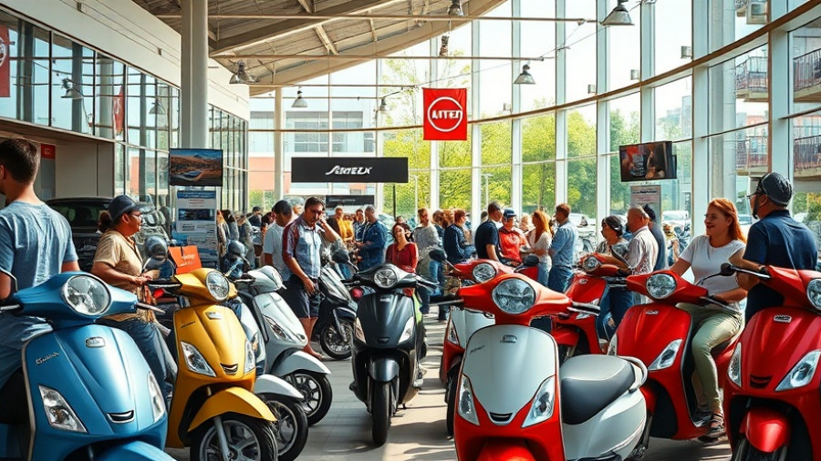 Scooter showroom with scooters and people interacting inside and outside.