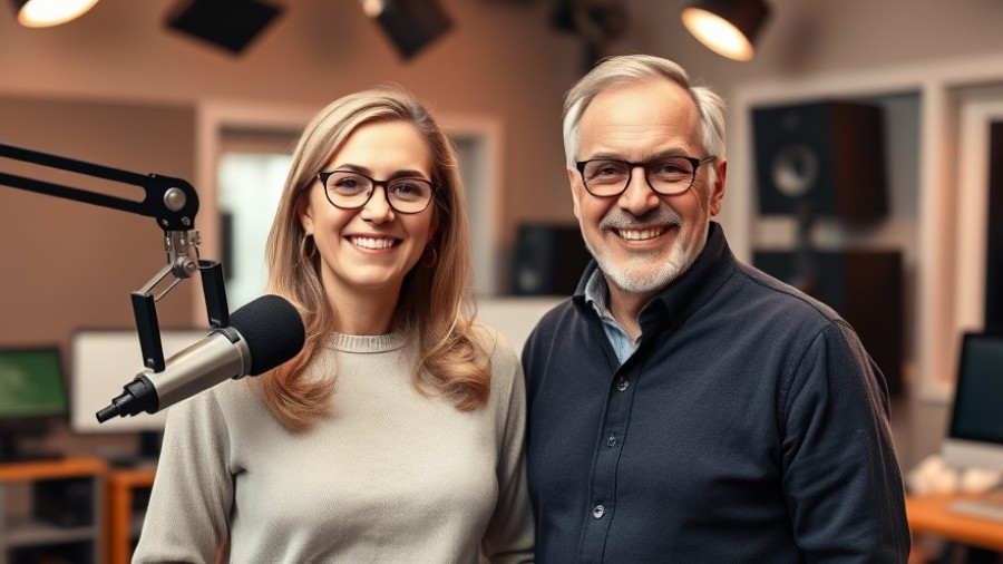 Two adults in a radio studio, promoting cyberbullying awareness.