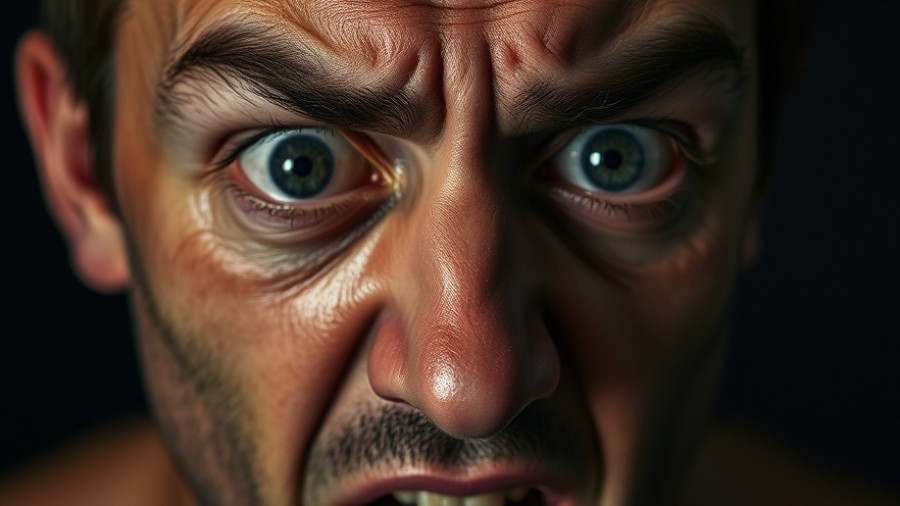 Close-up of a person's intense expression depicting controlled fear and depression.