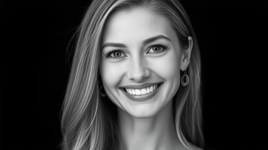 Professional black and white portrait of a smiling woman, AI in Marketing.