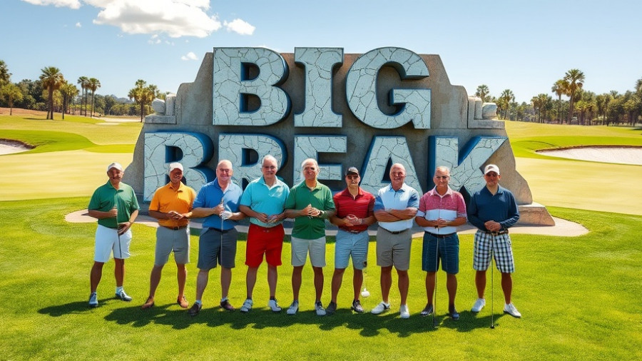 Big Break x Good Good return group on golf course with rock sign.