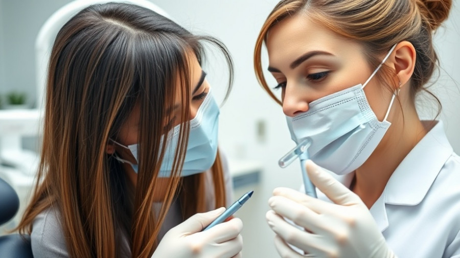 Quality of dental care: dentist examining patient in clinic.