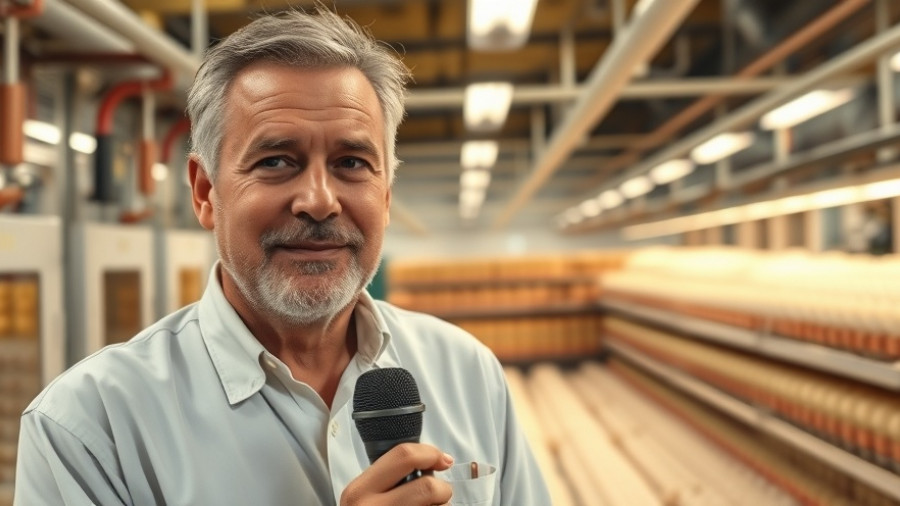 Mature man in a poultry facility holding a microphone, bird flu outbreaks in poultry farming context.