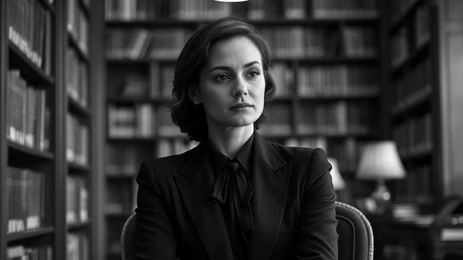 Elegant woman in a library, black and white portrait.