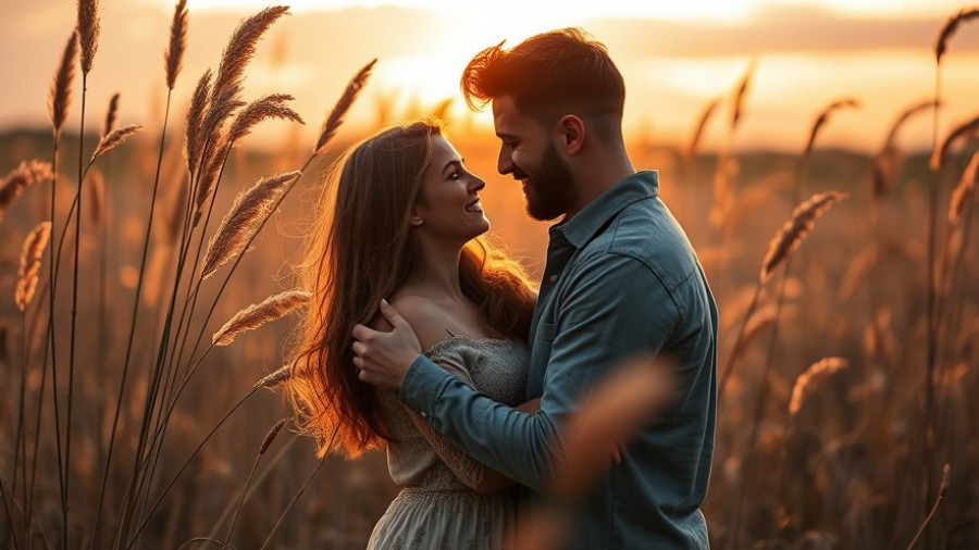 Couple's tender embrace at sunset in serene field, Chen G. Schimmel October 7 Documentations.